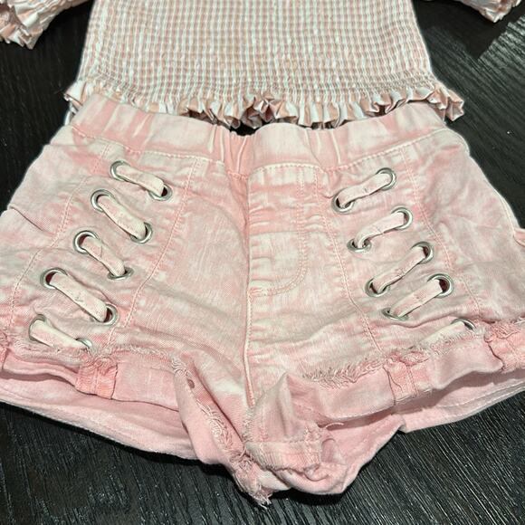 Habitual kid Short Puff Sleeve Smocked Stripe Top& Lace Up Front Denim Short 5/6 - Picture 2 of 7